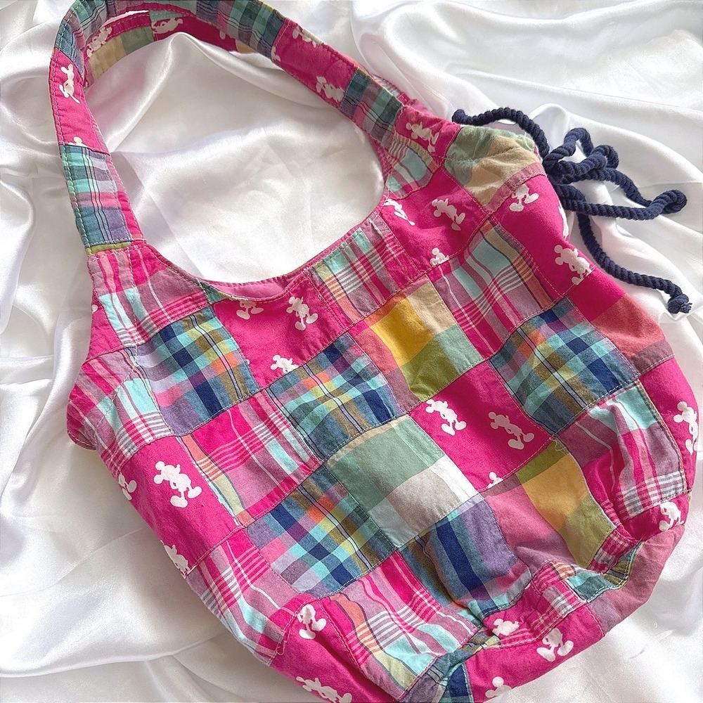 Disney Parks Mickey Mouse Patchwork Plaid Hobo Bag Pink Multi Canvas Tassel